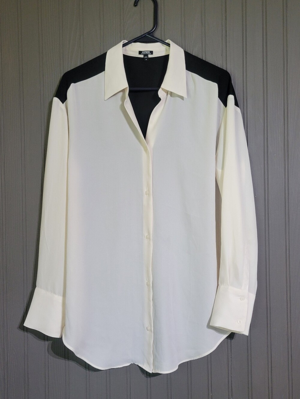 Express Boyfriend Portofino Button Down Blouse Shirt Black Cream Women's Medium